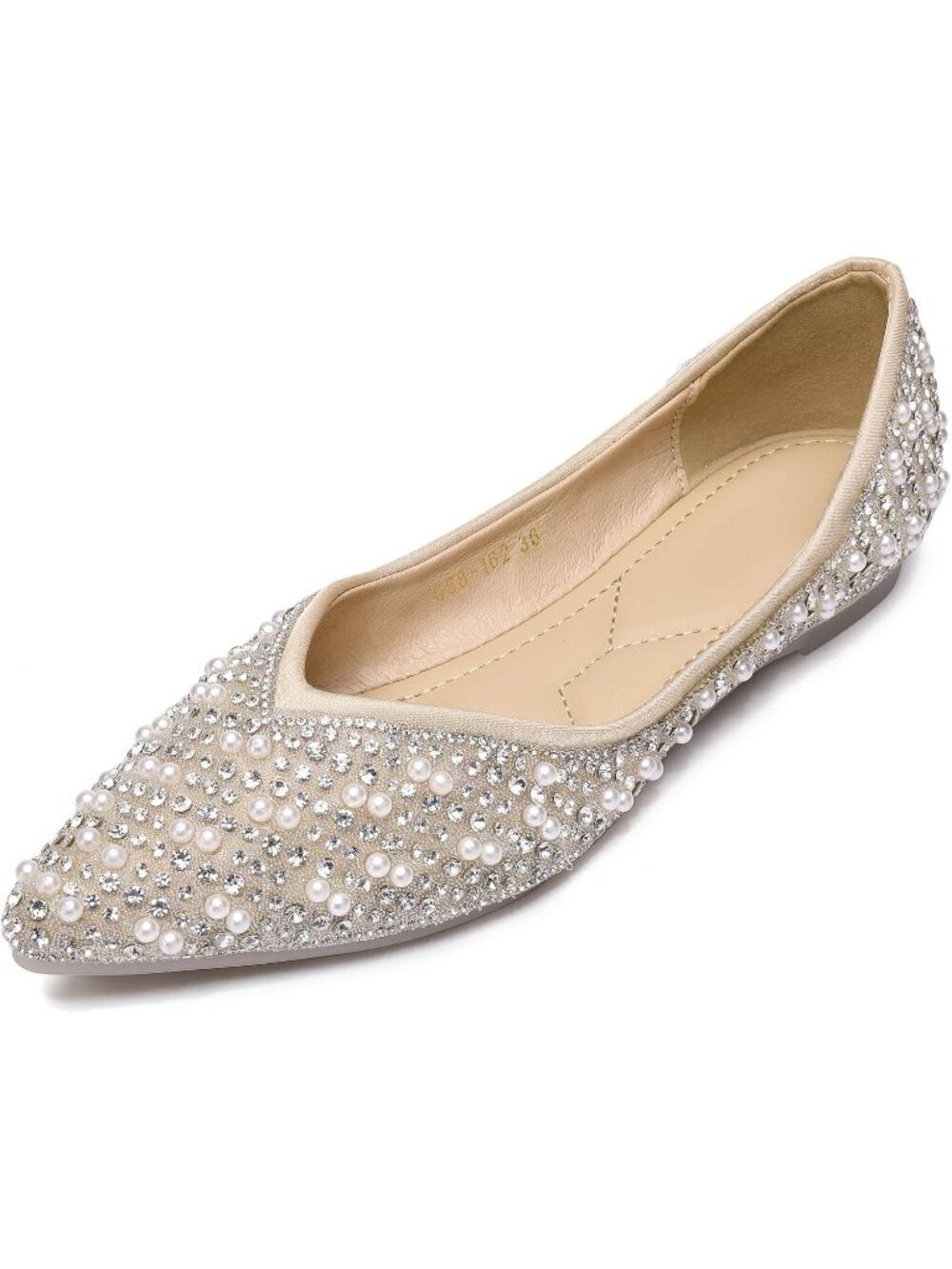 Women's Apricot Rhinestone Flats Pointed Toe Pearl Diamond Low Heel Ballet Shoes